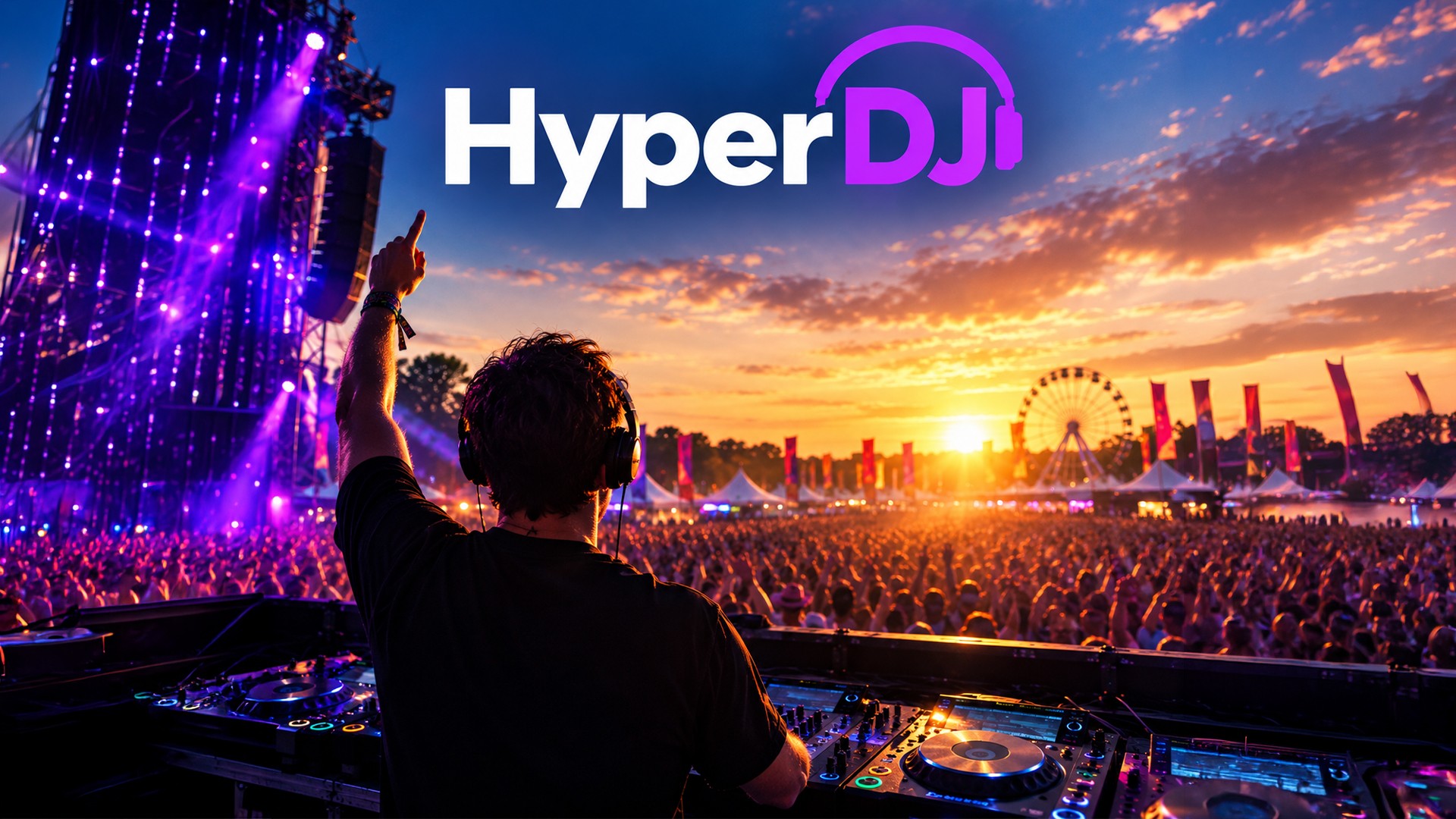 DJ face à la foule d'un festival au coucher du soleil